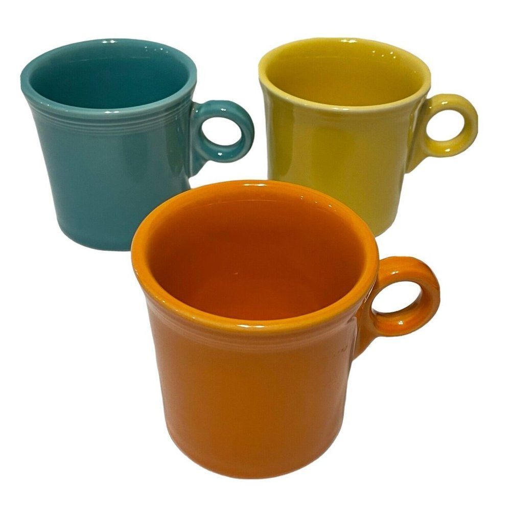 3 Fiesta HLC Coffee Cup Mug O Ring Handle USA Fiestaware Yellow Orange Turquoise